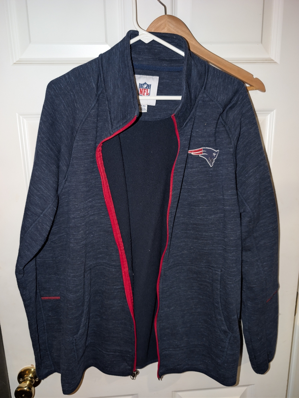 NFL Men’s Navy Zip-Up Sweater with Red Trim and Patriots Logo